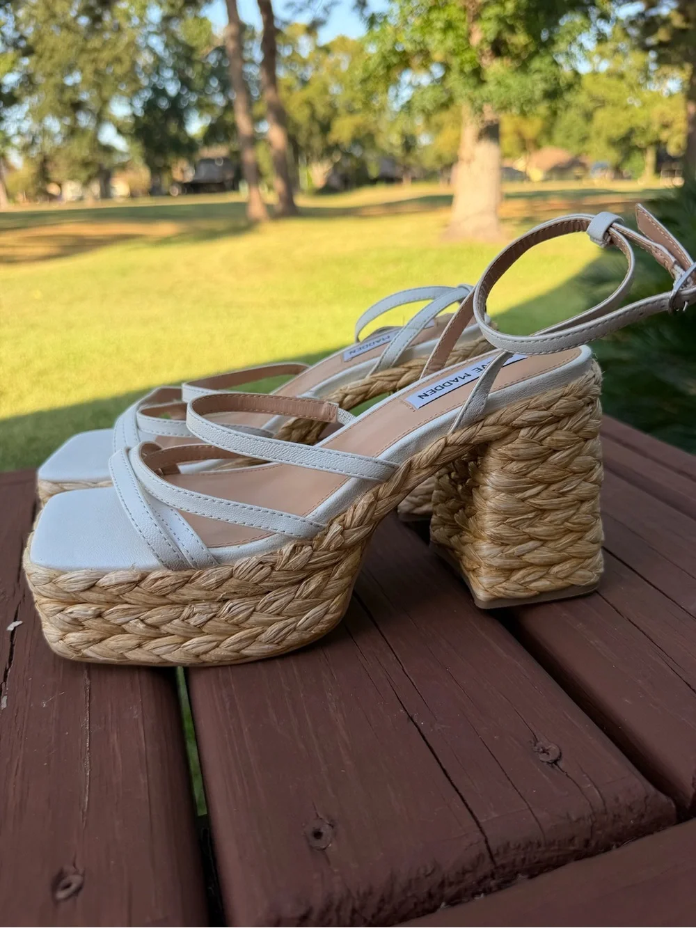 Steve Madden Belise White Leather Raffia Platform Heels 8 $130 Retail
